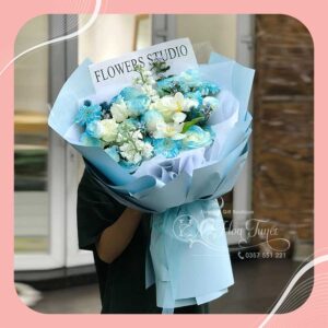 Bó Hồng Trắng Mix Tone Xanh dương Đặt hoa tươi bó hoa HB0013